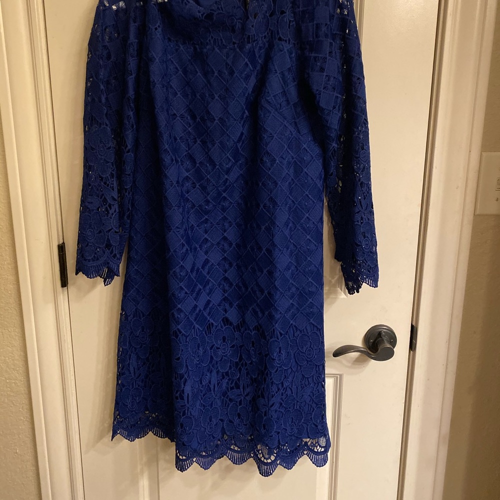 Adrianna Papell blue lace sheath dress